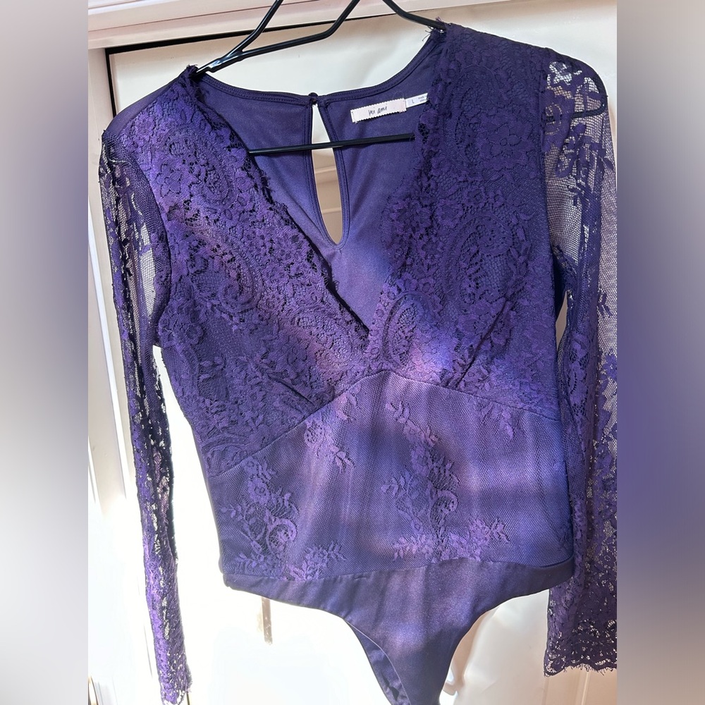Dark Purple Deep V Neck BodySuit with lace detailing
